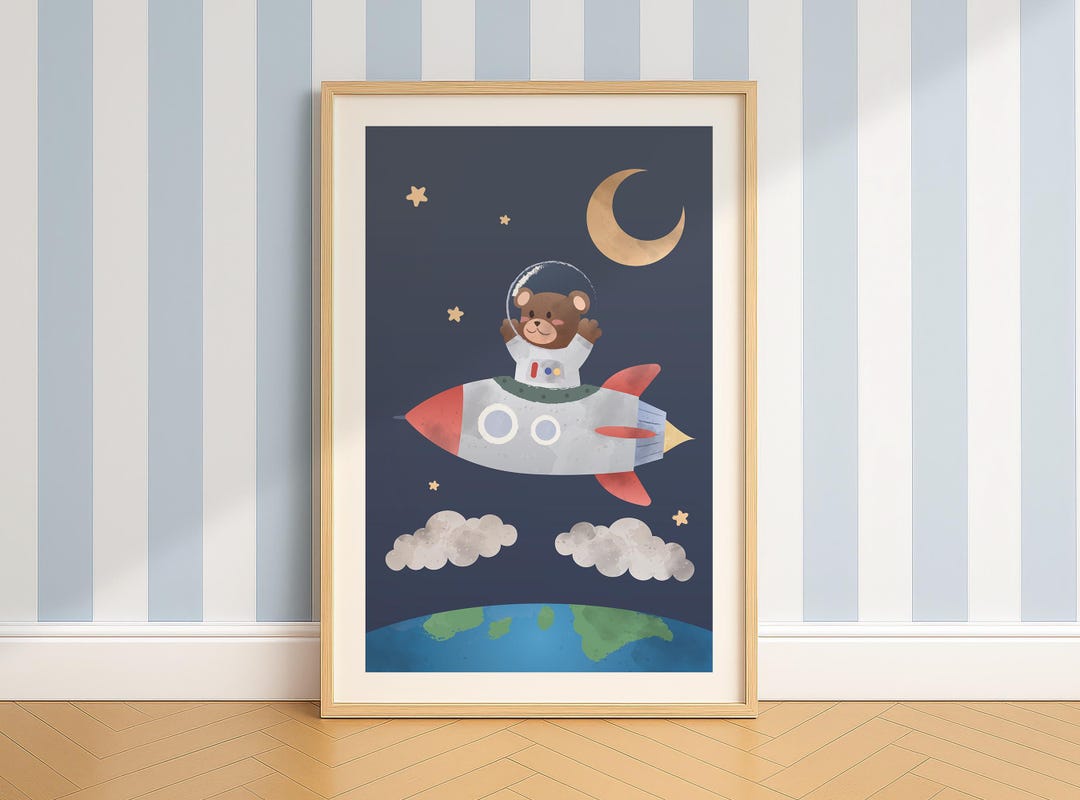 Astronaut Teddy Bear Nursery Wall Art, Animals in Space Poster, Bear in ...