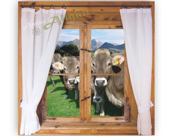 Canvas, Allgäu, souvenir, living room window, hut window, alpine pasture, Alps, canvas frame, pictures, cattle, brown cattle, cows, gift