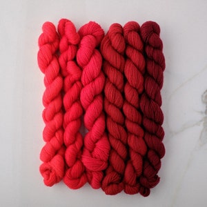 May include: Five skeins of red yarn, each a slightly different shade, arranged in a gradient from light to dark.