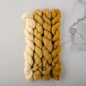May include: Five skeins of yarn in shades of yellow and cream. The yarn is arranged vertically, with the lightest shade at the bottom and the darkest shade at the top.