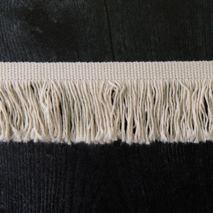May include: A close-up of a white cotton fringe trim. The fringe is against a black background.