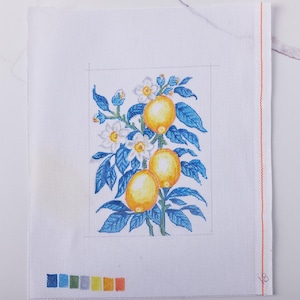 Hand Painted Needlepoint Canvas - &quot;Lemons & Flowers&quot;