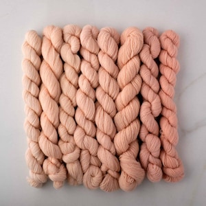 May include: A collection of eight skeins of yarn in various shades of peach and pink. The yarn is arranged in a staggered pattern, creating a gradient effect.