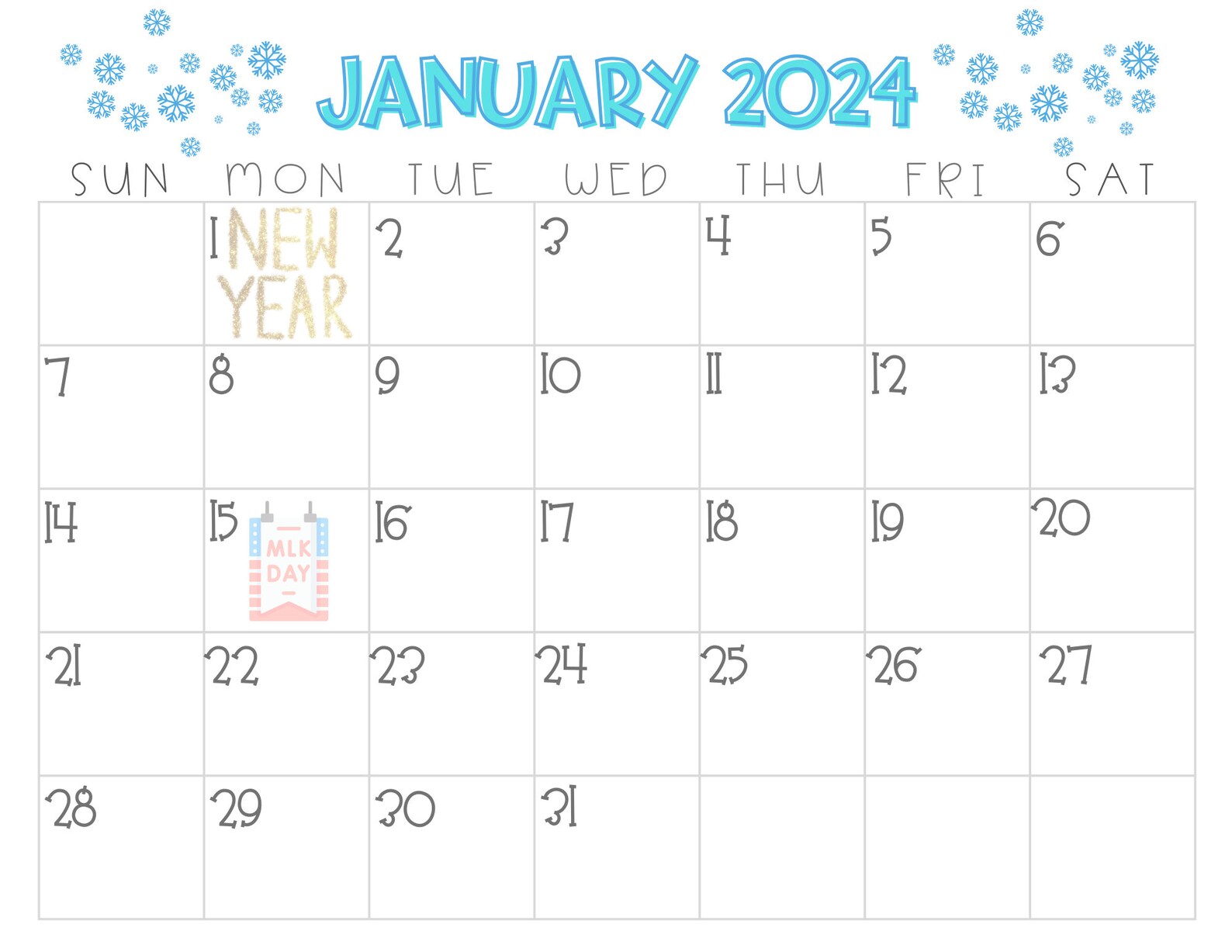 January 2024 Calendar With US Holidays Etsy