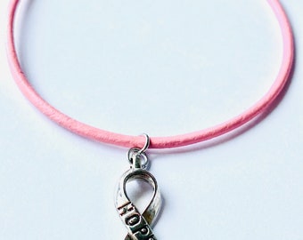 Ribbon Breast Cancer,Awareness Ribbon Bracelet, Leather Bracelet, Cancer Survivor, Fighting Cancer, Thinking Of You Gift