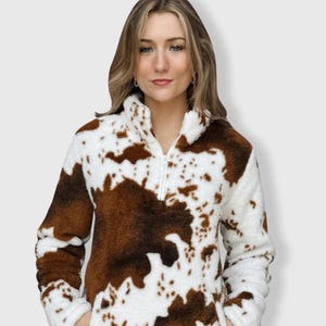 Personalized Cow Print Sherpa Jacket Gift for Her | Custom Monogram Half-Zip Fleece Pullover | Cozy Winter Women’s Jacket Christmas Gift