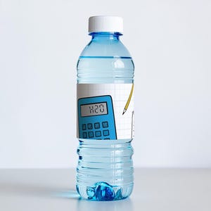 May include: A clear plastic water bottle with a white cap and a label featuring a blue calculator graphic with the text H2O on the display screen, alongside a yellow pencil illustration on a white grid background pattern.