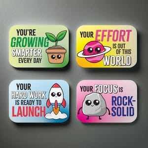 May include: Four rectangular stickers with rounded corners featuring cartoon characters and text. One shows a plant in a pot with 'YOU'RE GROWING SMARTER EVERY DAY', a planet with 'YOUR EFFORT IS OUT OF THIS WORLD', a rocket with 'YOUR HARD WORK IS READY TO LAUNCH', and a rock with 'YOUR FOCUS IS ROCK-SOLID'.