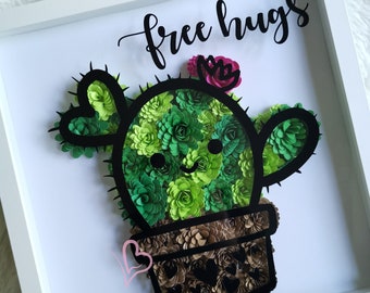 Cactus , Free Hugs flower shadow box, cartoon wall art