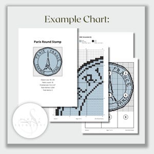 May include: A cross stitch pattern document titled Example Chart featuring a Paris Round Stamp design. The pages display a light blue circular graphic of the Eiffel Tower with the text PARIS FRANCE, grid layouts, and technical specifications.