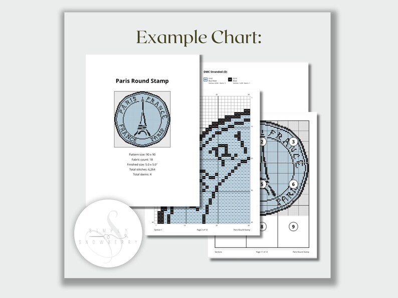 May include: A cross stitch pattern document titled Example Chart featuring a Paris Round Stamp design. The pages display a light blue circular graphic of the Eiffel Tower with the text PARIS FRANCE, grid layouts, and technical specifications.