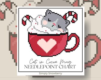 Christmas Cat Needlepoint Chart, Hot Cocoa Cross Stitch Pattern, Coffee Needlepoint Canvas, Small Needlepoint Christmas Ornament