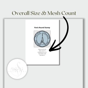 May include: A white informational card titled Overall Size & Mesh Count featuring a Paris Round Stamp cross-stitch pattern. The text includes Pattern size 90x90, Fabric count 18, Finished size 12.7 x 12.7 cm, Total stitches 6,264, and Total colours 4.
