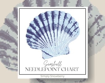 May include: A needlepoint chart featuring a pixelated illustration of a blue and white seashell. The text reads Seashell NEEDLEPOINT CHART and Simply Snowberry. The design is centered within a square frame against a light beige background.