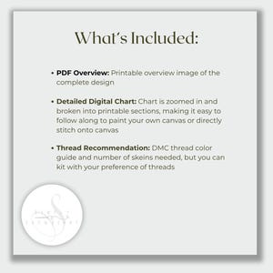 May include: A square digital information card with a light grey background featuring the text What's Included: followed by three bullet points detailing a PDF overview, a detailed digital chart for stitching or painting, and a thread recommendation.
