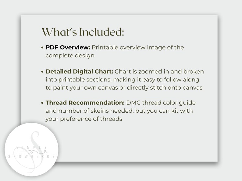 The image is a printed overview of the complete design, a detailed digital chart, and a thread recommendation.