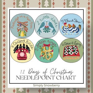 The image is a 12-day Christmas Needlepoint Chart featuring various Christmas-themed designs and illustrations.