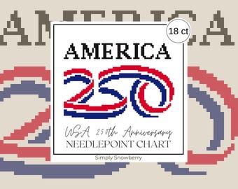 250th America Anniversary, USA 4th of July, Red White and Blue Flag Needlepoint Chart, 4 inch 18 ct, Easy, Small, Beginner Friendly