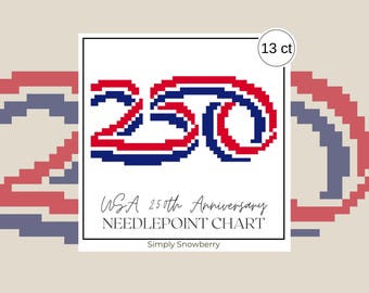250th America Anniversary, USA 4th of July, Red White and Blue Flag Needlepoint Chart, 4 inch, 13 ct, Easy, Small, Beginner Friendly