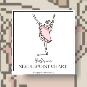 Peut inclure: Un diagramme de canevas carré présentant un dessin au trait noir d'une ballerine en tutu rose. Le texte indique Ballerina NEEDLEPOINT CHART et Simply Snowberry. Le motif est présenté sur un fond blanc avec un cadre à bordure noire fine.