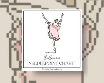 Puede incluir: Un gráfico de punto de aguja cuadrado que presenta un dibujo de línea negra de una bailarina con un tutú rosa. El texto dice Ballerina NEEDLEPOINT CHART y Simply Snowberry. El diseño se presenta sobre un fondo blanco con un borde negro fino.