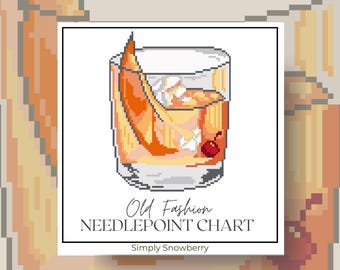 Cocktail Needlepoint Pattern Digital Download Cross Stitch Bar Cart Decor Idea  Beginner Friendly Drink Old Fashion Needlepoint Canvas