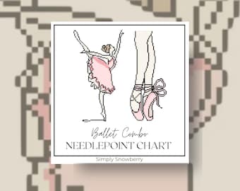 May include: A needlepoint chart titled Ballet Combo featuring a pixelated illustration of a dancer in a pink tutu and a pair of pink ballet slippers with ribbons. The text reads Ballet Combo, NEEDLEPOINT CHART, and Simply Snowberry.