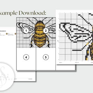 The image is a collection of cross-stitch patterns, including a bee and a butterfly. The patterns are labeled with numbers, likely indicating the sections or rows in the cross-stitch designs.
