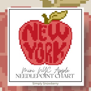 May include: A pixel art style needlepoint chart featuring a red apple shape with the text NEW YORK inside. The design includes a small green leaf at the top. Below the apple, the text reads Mini NYC Apple NEEDLEPOINT CHART Simply Snowberry.