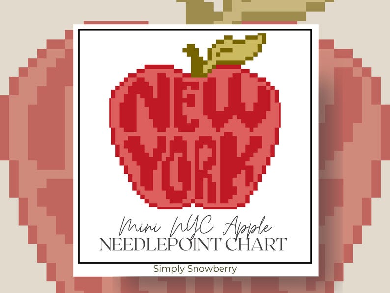 May include: A pixel art style needlepoint chart featuring a red apple shape with the text NEW YORK inside. The design includes a small green leaf at the top. Below the apple, the text reads Mini NYC Apple NEEDLEPOINT CHART Simply Snowberry.