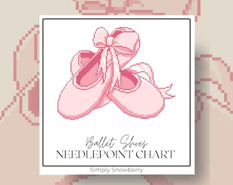 Puede incluir: Una ilustración en pixel art de un par de zapatillas de ballet rosa claro con cintas atadas en un lazo. El texto dice Ballet Shoes NEEDLEPOINT CHART Simply Snowberry. El diseño está enmarcado por un borde cuadrado sobre fondo claro.