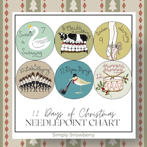 The image is a Christmas Needlepoint Chart with 12 distinct illustrations representing the 12 days of Christmas. The illustrations include a swan, a cow, a pair of dancing feet, a drumming drum, a group of dancers, a baby, and a drum. The chart is titled "12 Days of Christmas NEEDLEPOINT CHART" and is described as a "Simply Snowberry" chart.