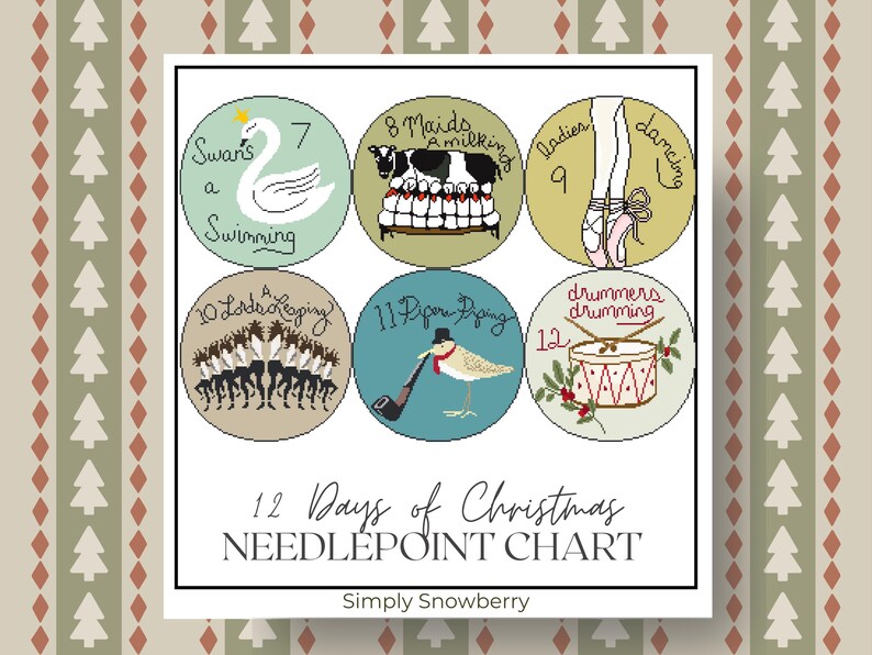 The image is a Christmas Needlepoint Chart with 12 distinct illustrations representing the 12 days of Christmas. The illustrations include a swan, a cow, a pair of dancing feet, a drumming drum, a group of dancers, a baby, and a drum. The chart is titled "12 Days of Christmas NEEDLEPOINT CHART" and is described as a "Simply Snowberry" chart.