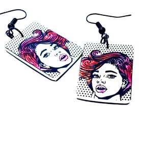 Pop art earrings for women, comic book jewelry, niobium wires, Lichtenstein, handpainted, wife Christmas gift, mum birthday present, ooak,