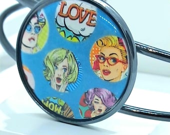 Pop Art Bracelet for Women, Lichtenstein Art, Girl Face Bangle, Comic Book Gifts, Colorful Cuff, Americana, OOAK Handmade, fun, contemporary