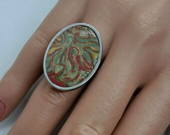 Große Ringe für Frauen, Ovaler Statement Ring, Rot und Gold Ring, großer Cocktailring, klobiger Ring für Sie, Blattring, Weihnachtsgeschenk vom Ehemann.