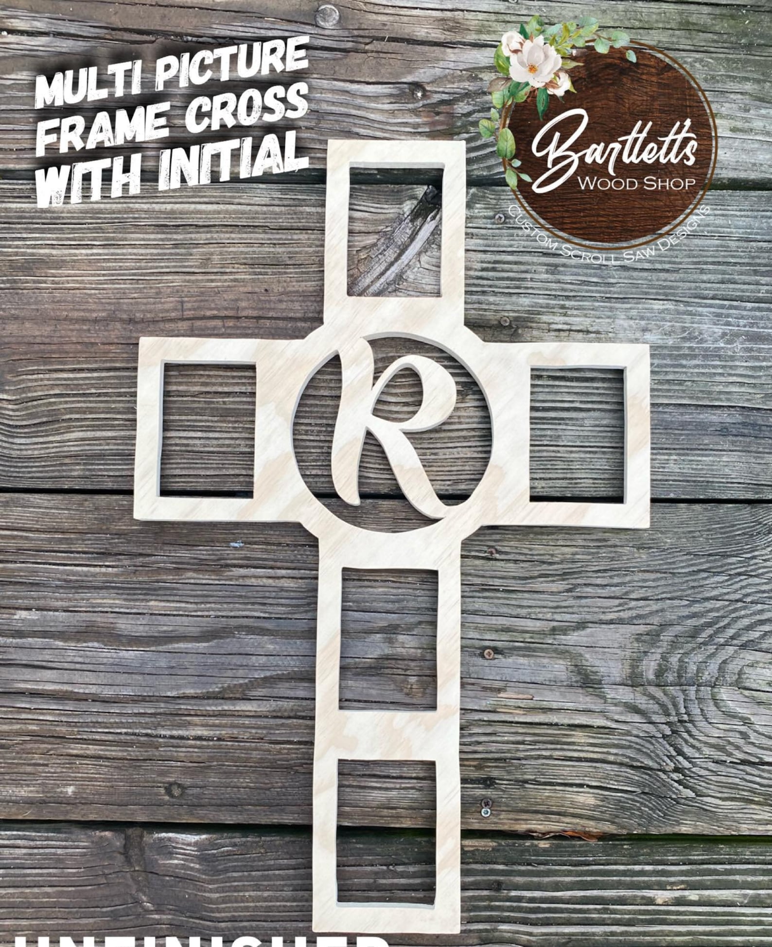 Multi Picture Frame Cross With Initial Hand Cut on Scroll Saw Cross