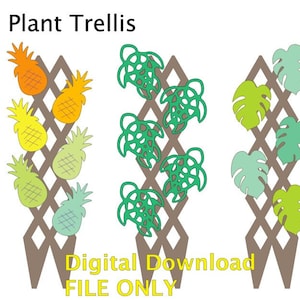 May include: Three plant trellis designs with different plant patterns. The first trellis has a pineapple pattern in shades of yellow, orange, and green. The second trellis has a turtle pattern in shades of green. The third trellis has a monstera leaf pattern in shades of green. The text "Plant Trellis" and "Digital Download FILE ONLY" is at the top and bottom of the image.