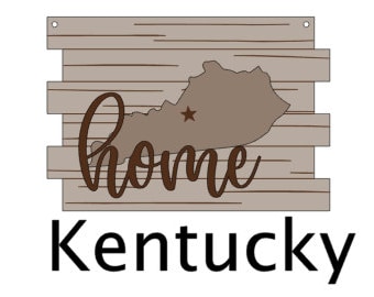 May include: A wooden sign with a brown outline of the state of Kentucky and the word "home" in brown cursive lettering. The sign has a distressed wood look and the word "Kentucky" is printed in black below the sign.
