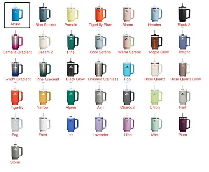 May include: A collection of insulated travel mugs in various colors, including Azure, Blue Spruce, and TigerLily Plum. Each mug has a handle, a straw, and a lid. The mugs are designed for both hot and cold beverages.