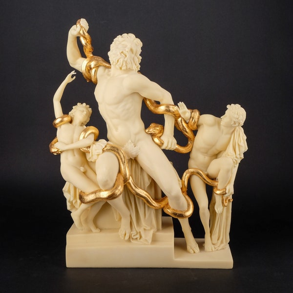 Ancient Greek statue of Laocoon and his Sons Polystone sculpture white with gold leaf hand painted made in Egypt