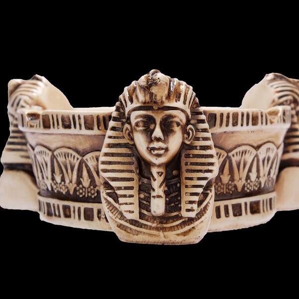 Unique ancient Egyptian Handmade Ash Tray with a Tripartite famous mask of king Tutankhamun limestone made in Egypt