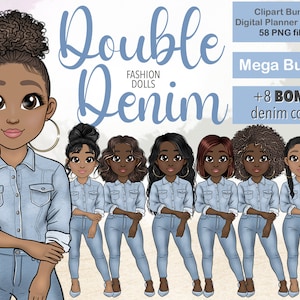 Jeans Girl Clipart, Denim on Denim Girl Clipart, Fashion Girl PNG, Jeans Girl Fashion Illustration, Afro Girl Clipart, Fashion Illustration