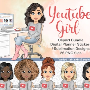 手描きの YouTube ブロガー クリップアート、ソーシャル メディア ガール SVG、黒人ガール クリップアート、デジタル プランナー ステッカー ガール かわいい EC 印刷可能ステッカー