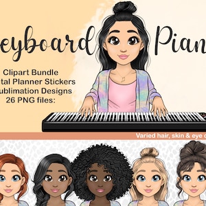 Linda chica tocando el piano Clipart, mujer con teclado musical PNG, icono de planificador digital de instrumentos de percusión, pegatina imprimible de música