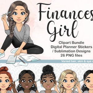 Finanzen Mädchen Clipart, kein Ausgaben Budget PNG, tägliche Planner digitale Aufkleber, druckbare Aufkleber Rechnungen, druckbare Aufkleber organisieren BuJo