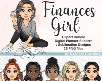 Finances Girl Clipart, No Spend Budget PNG, Daily Planner Digital Stickers, Bills Printable Stickers, Organising BuJo Printable Sticker