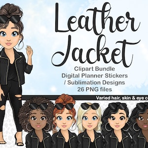 Veste en cuir Fashion Girl Clipart, Black Jeans Woman PNG, Lunettes de soleil Girl Clipart, Glamorous Girl Clipart, Digital Planner Sticker Girls