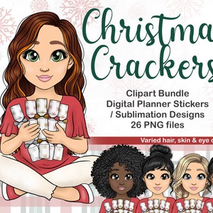 Handgezeichnete Weihnachtscrackers Clipart, Kawaii Xmas Girl PNG, süße Hispanic Frau Digital Planner Aufkleber, druckbare Cricut Sublimationsdateien