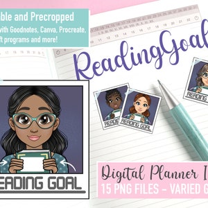 Mini objectif de lecture ICÔNES PNG, Fichiers PNG Book Girl, Autocollant planificateur imprimable Reading Tracker, Clipart étudiant, Autocollant fonctionnel Bujo Read